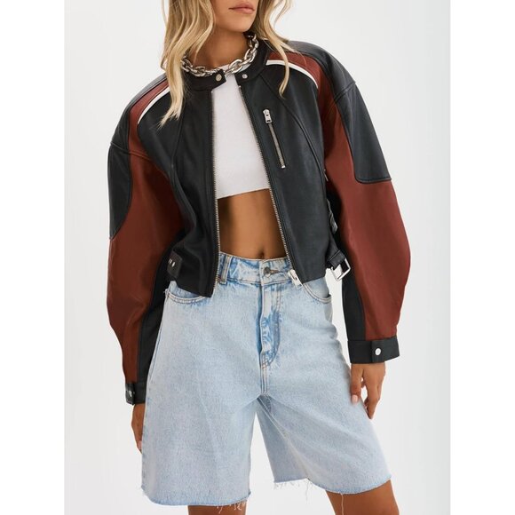 Womens Black Tankaneo Leather Bomber Jacket Cropped Color Block Fall Casual - Picture 2 of 5